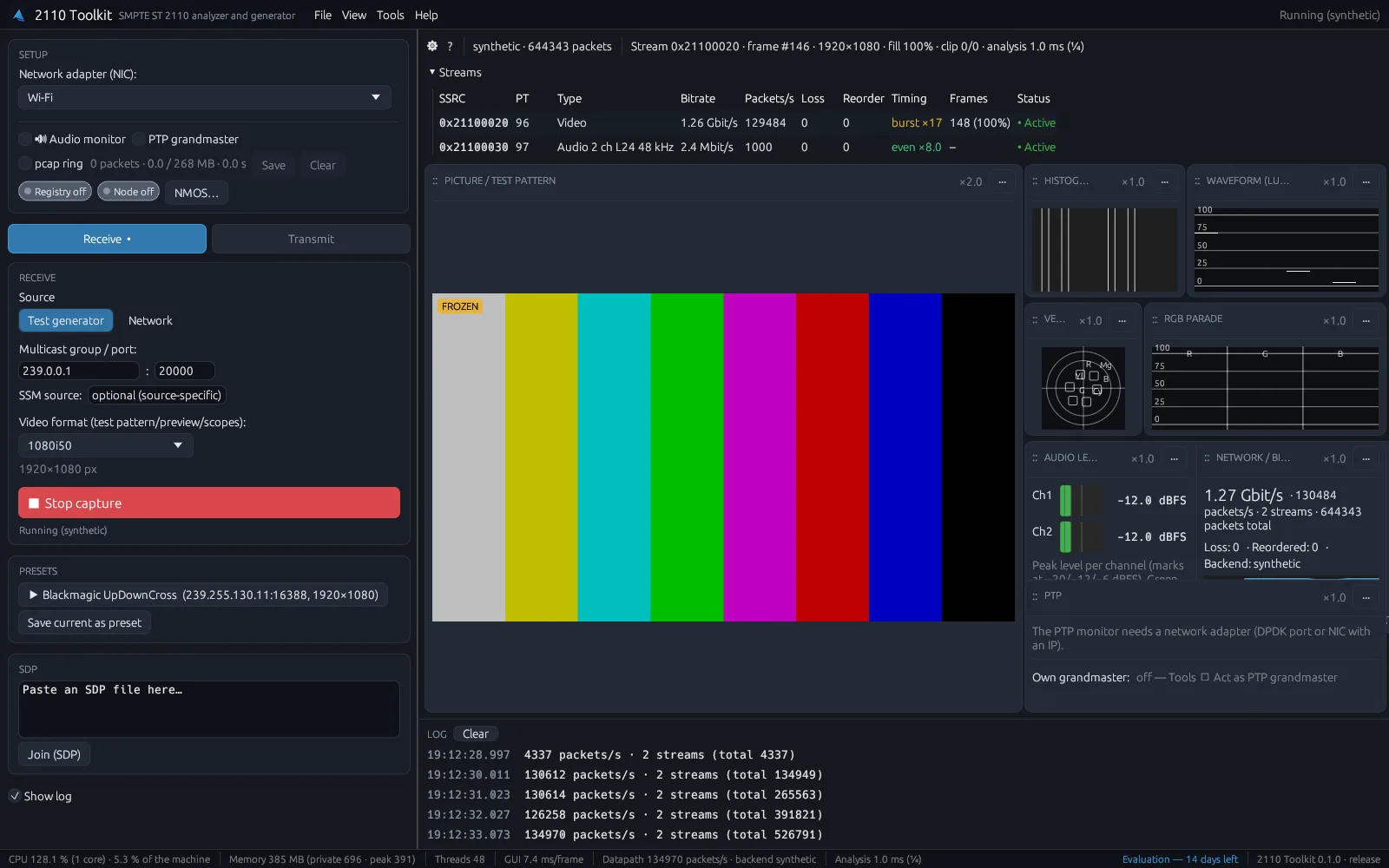 LivePictureAI 2110 Toolkit — live picture monitor with waveform, vectorscope and audio levels for an ST 2110 stream