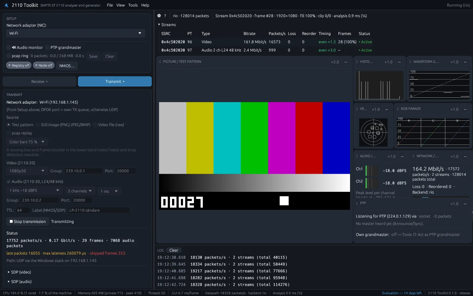 2110 Toolkit transmit view generating a color bars test pattern and audio test tone as an ST 2110 stream, PTP-aligned